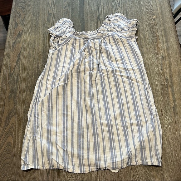 Loft A-line Dress Linen Blend Puffed Sleeve Pullover Striped Blue White Size L - Picture 1 of 4